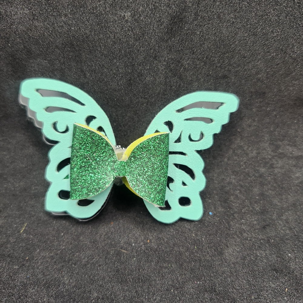 Hand Crafted Green Glitter Butterfly Hair Clip Bow Barette Faux Leather